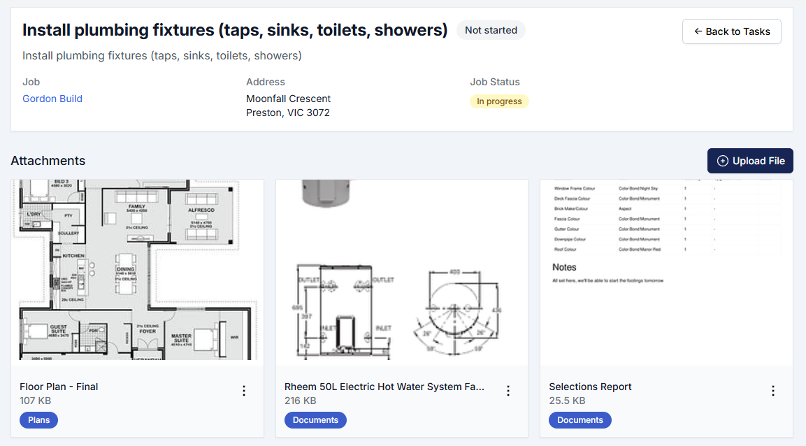 Trade portal showing task documents and attachments